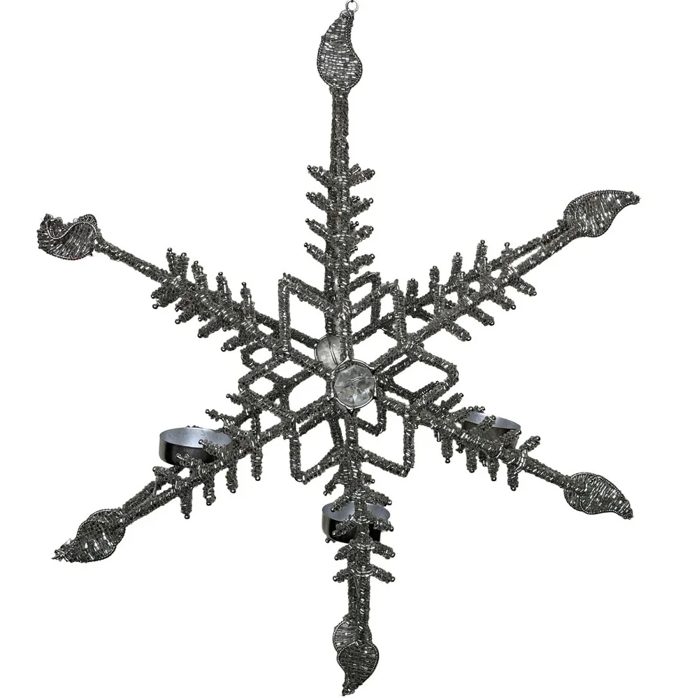 Beaded Silver Snowflake‎ Candelabra Tealight Holder Hanging Christmas Winter